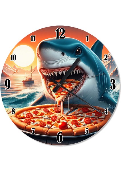 Pizza Dilimi ve Köpekbalığı Sessiz Duvar Saati