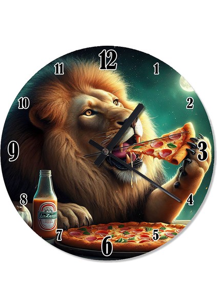 Pizza Yiyen Aslan Desenli Duvar Saati