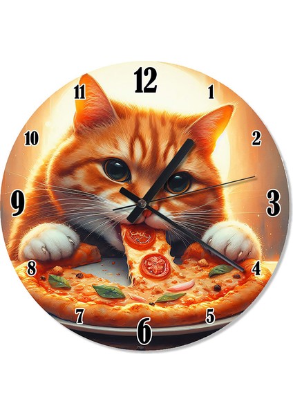 Pizza Yiyen Kedi Desenli Duvar Saati