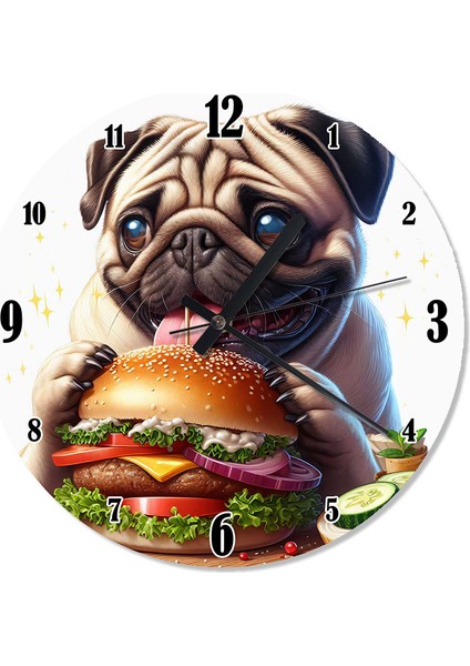 Pug Köpek ve Hamburger Akarlı Duvar Saati