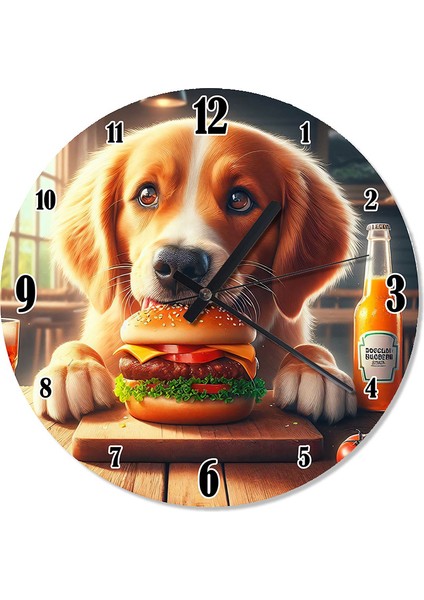 Sevimli Köpek ve Hamburgeri Dekoratif Duvar Saati