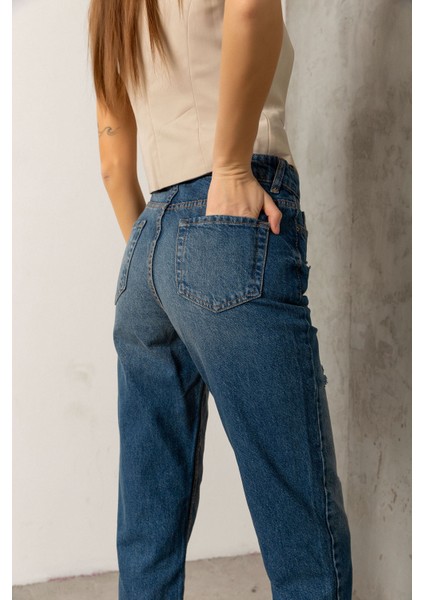 Mom Jean Yüksek Bel Fermuarlı Denim Kadın Kot Pantolon @hamburg