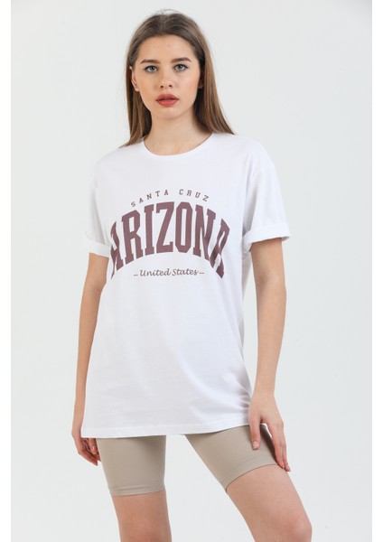 Arizona Baskılı Pamuklu Bisiklet Yaka Oversize Kadın Tişört.