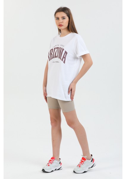 Arizona Baskılı Pamuklu Bisiklet Yaka Oversize Kadın Tişört. fiyatları