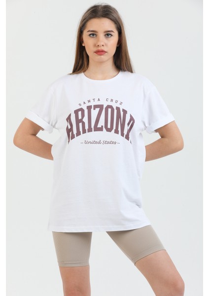 Arizona Baskılı Pamuklu Bisiklet Yaka Oversize Kadın Tişört. modelleri