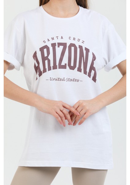 Arizona Baskılı Pamuklu Bisiklet Yaka Oversize Kadın Tişört. indirimleri