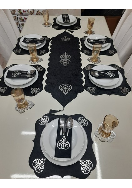 1 Runner 6 Amerikan Servis 6kaşıklık 6 B.altlığı 19 Parça yemek Sunum Seti siyah Üzeri Gümüş Motifli