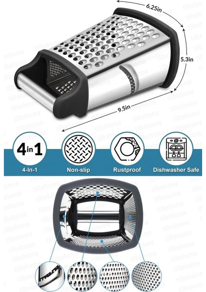 Tilbe Home Büyük Boy Çelik Rende Silikon Tabanlı 4 Fonksiyonlu Sarımsak Kereviz Peynir Sebze Doğrayıcı Rende