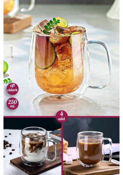 4'lü Çift Cidarlı Bardak 250 ml Ev Ofis Çay Fincanı Kahve Sunum Bardağı Dayanıklı Kupa Cam Bardak