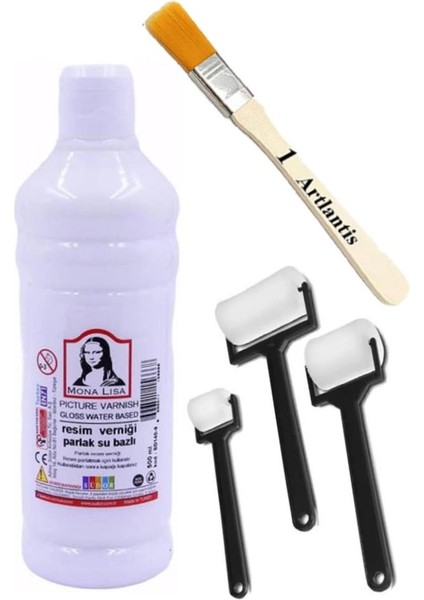 Resim Verniği 500 ml Su Bazlı 1 Adet Zemin Fırçası ve Rulo Fırça Resim Parlatıcı Vernik Hobi Sanat Akrilik Guaj Yağlı Boya