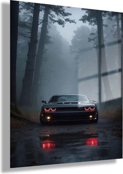 Temperli Cam Tablo Dodge Demon Araba ve Orman Manzarası