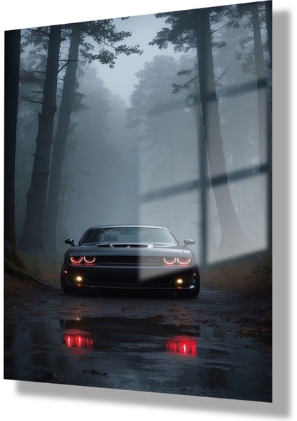 Temperli Cam Tablo Dodge Demon Araba ve Orman Manzarası modelleri