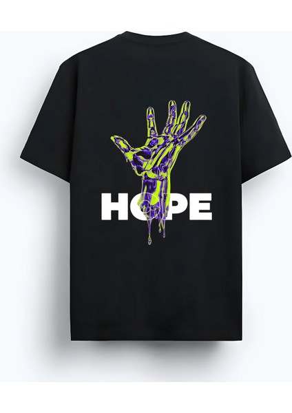 Oversize Bisiklet Yaka Hope Hand Baskılı Kısa Kollu Siyah T-Shirt