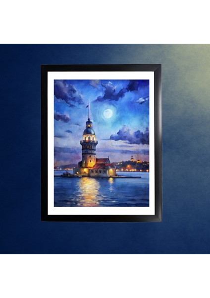 Blue Wall - Istanbul Gece Serisi - Kız Kulesi - Çerçeveli Tasarım Poster Tablo Duvar Sanatı