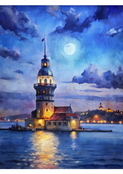 Blue Wall - Istanbul Gece Serisi - Kız Kulesi - Çerçeveli Tasarım Poster Tablo Duvar Sanatı