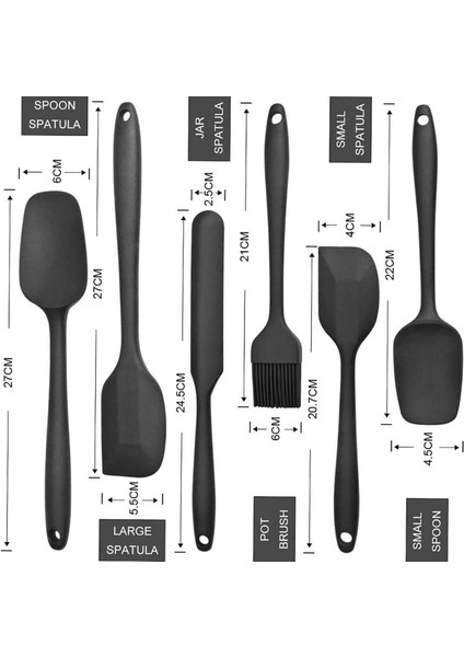 Tilbe Home 6'lı Silikon Fırça Spatula Servis Takımı Yanmaz Yapışmaz Siyah Renkli Set Yağ Fırçası + Büyük Kaşık + Küçük Kaşık + Büyük Spatula + Küçük Spatula + Kavanoz Spatula Premium Silikon Mutfak Seti