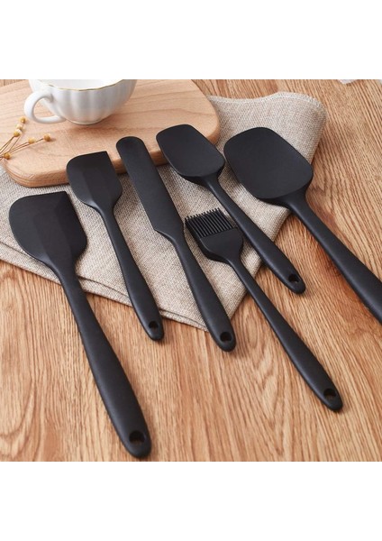 Tilbe Home 6'lı Silikon Fırça Spatula Servis Takımı Yanmaz Yapışmaz Siyah Renkli Set Yağ Fırçası + Büyük Kaşık + Küçük Kaşık + Büyük Spatula + Küçük Spatula + Kavanoz Spatula Premium Silikon Mutfak Seti