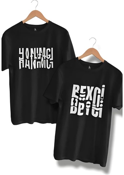 Oversize Bisiklet Yaka Hanımcı Beyci Baskılı Kısa Kollu Siyah Çift Tişörtü