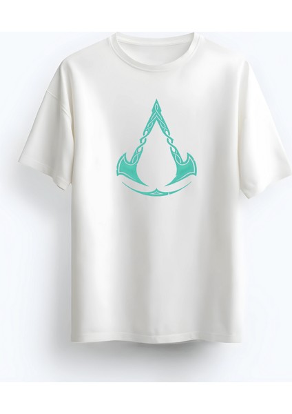 Oversize Bisiklet Yaka Assassin'S Creed Logo Baskılı Kısa Kollu Beyaz T-Shirt