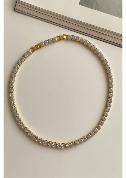 Özel Kaplama Gold Renk Iri Taşlı Su Yolu Kolye (45 Cm)