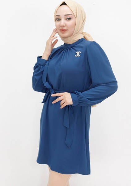 24003 Kristal Kumaş Broşlu Tesettür Tunik