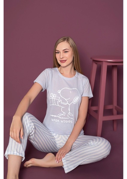 Kadın Açık Mavi Sıfır Yaka Kısa Kol Snoopy Desen Pijama Takımı -K4257