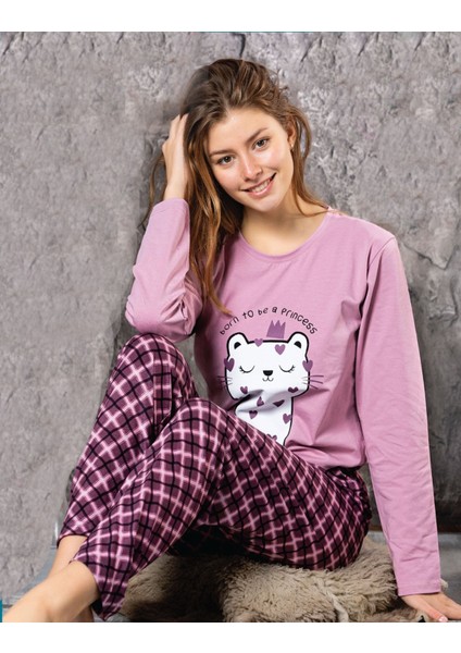 Kadın Pembe Sıfır Yaka Uzun Kol Likralı Kedi Desenli Kadın Pijama Takımı K803-151