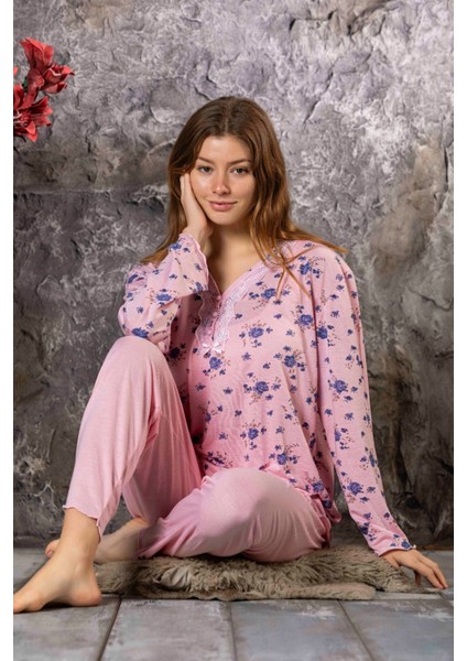 Kadın Çiçek Desenlişeker Pembe Uzun Kol Bambu Pijama Takımı P4327