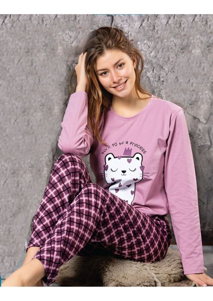 Kadın Pembe Sıfır Yaka Uzun Kol Likralı Kedi Desenli Kadın Pijama Takımı K803-151