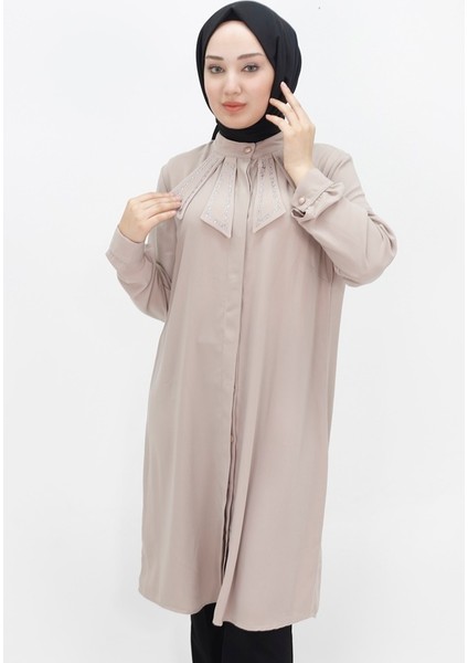 2416 Kristal Kumaş Yakası Taşlı Büyük Beden Tesettür Tunik