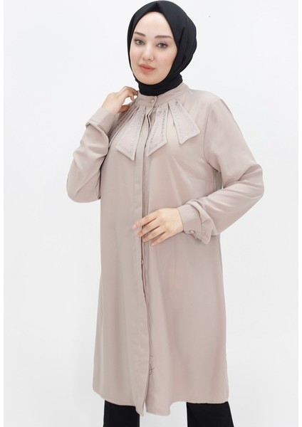 2416 Kristal Kumaş Yakası Taşlı Büyük Beden Tesettür Tunik fiyatları