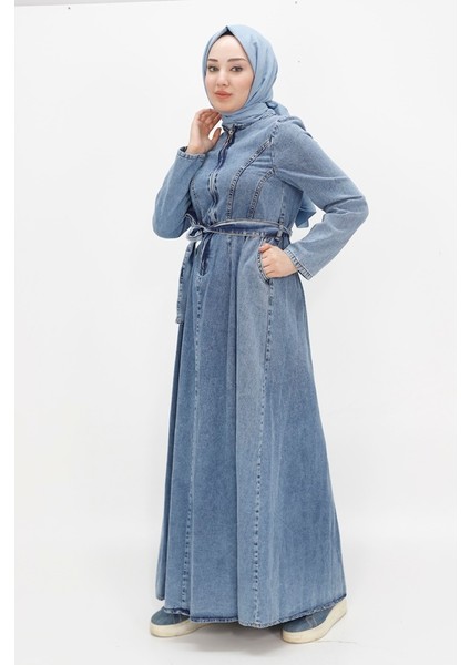 1659 Yaka Fermuarlı Kemerli Tesettür Kot Elbise fırsatları