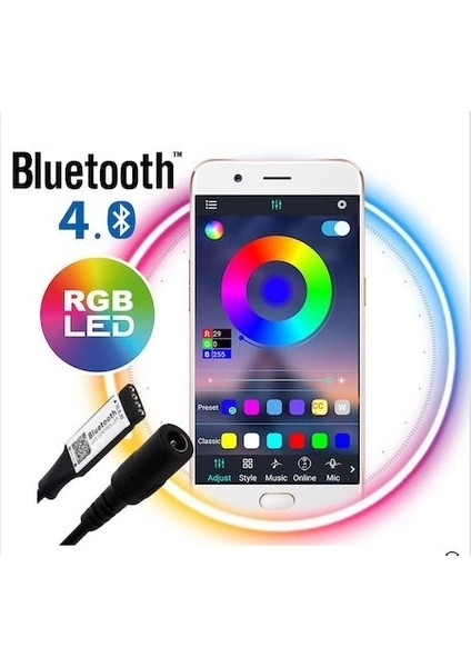 12V 10 Metre Silikonsuz Rgb Şerit LED Bluetoothlu LED Kontrol 5A Adaptörlü IP20 Set