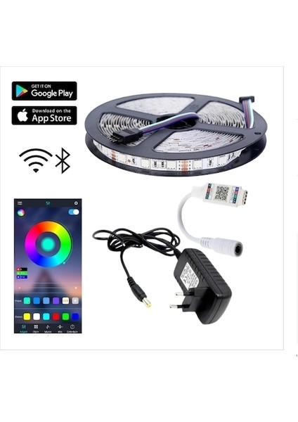 12V 10 Metre Silikonsuz Rgb Şerit LED Bluetoothlu LED Kontrol 5A Adaptörlü IP20 Set
