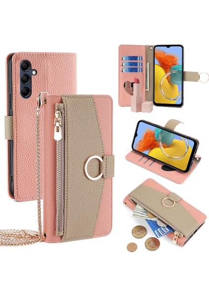 Samsung Galaxy M14 5g Crossbody Telefon Kılıfı Pu Deri Fermuar Standı Kapak Çevirin-Pembe (Yurt Dışından)