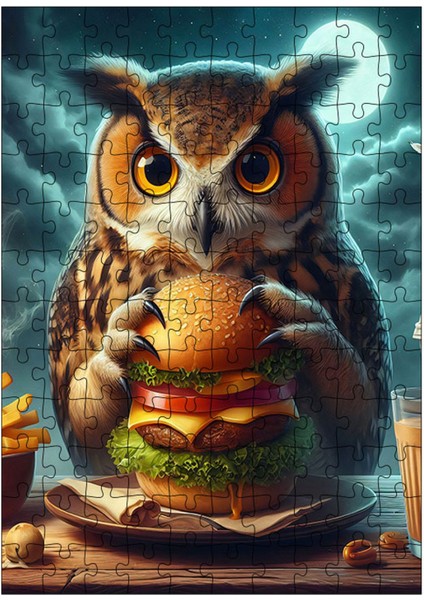 Ahşap Mdf Puzzle Yapboz Hamburger Yiyen Baykuş 120 Parça 25*35 cm