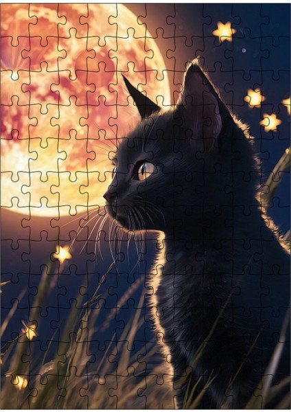 Ahşap Mdf Puzzle Yapboz Siyah Kedi ve Dolunay 120 Parça 25*35 cm