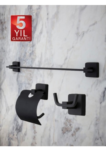 Siyah Paslanmaz Uzun Havluluk / Geniş Kapaklı Tuvalet Kağıtlığı / Banyo Askılığı -Pirinç 3lü Set