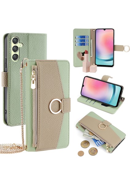 Samsung Galaxy A24 4g (162.1 x 77.6 x 8.3mm) Kılıf Crossbody Pu Deri Cep Telefonu Kapağı-Yeşil (Yurt Dışından)
