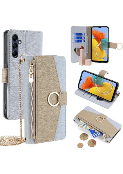 Samsung Galaxy M14 5g Crossbody Telefon Kılıfı Pu Deri Fermuar Standı Kapak Çevirin-Mavi (Yurt Dışından)