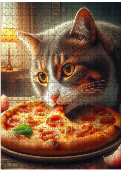 Ahşap Mdf Puzzle Yapboz Pizza Yiyen Kedi 500 Parça 50*70 cm