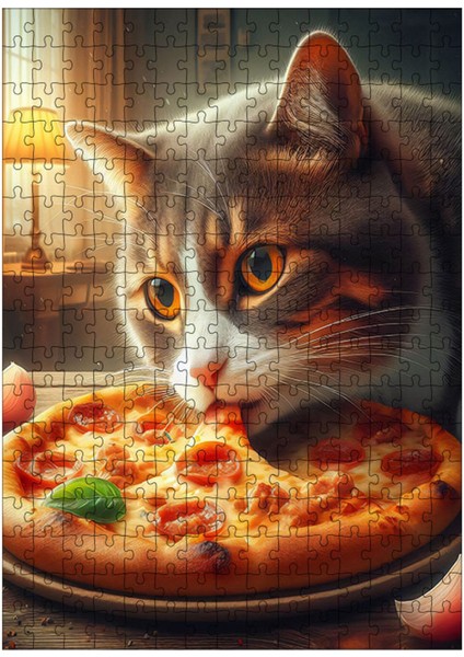 Ahşap Mdf Puzzle Yapboz Pizza Yiyen Kedi 255 Parça 35*50 cm