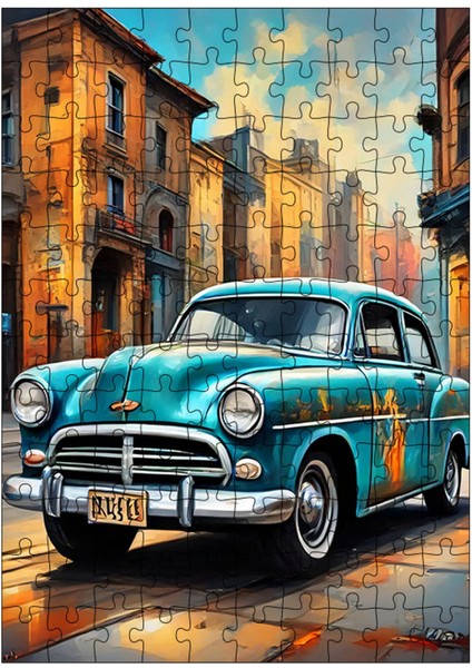 Ahşap Mdf Puzzle Yapboz Gazete Fon Mavi Klasik Araba 120 Parça 25*35 cm