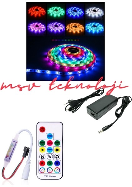 12V 5 Metre Silikonsuz Amimasyonlu 5050 Smd Pixel Şerit LED Sese Duyarlı Rf Kumandalı 5A Adaptörlü IP20 Set