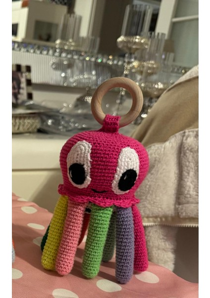 Paris Organik  Oyuncak Pembe Amigurumi Ahtapot Çıngırak ve Diş Kaşıma