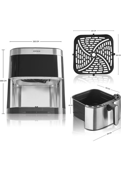 10 Farklı Pişirme Fonksiyon Inox Gövde Xxxl 9lt Airfryer + Karaca Inox Çay Makinesi Seti