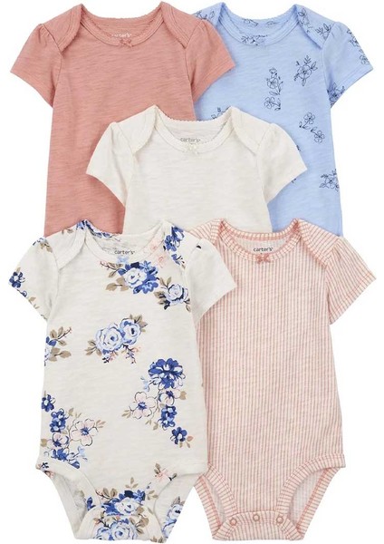 Layette Kız Bebek 5'li Kısa Kollu Body Mavi Çiçekli