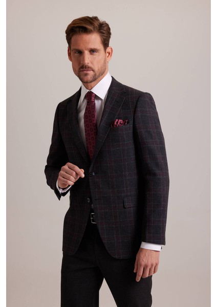 Erkek Füme Kışlık Yünlü Regular Fit Ekose Desenli Tek Ceket modelleri