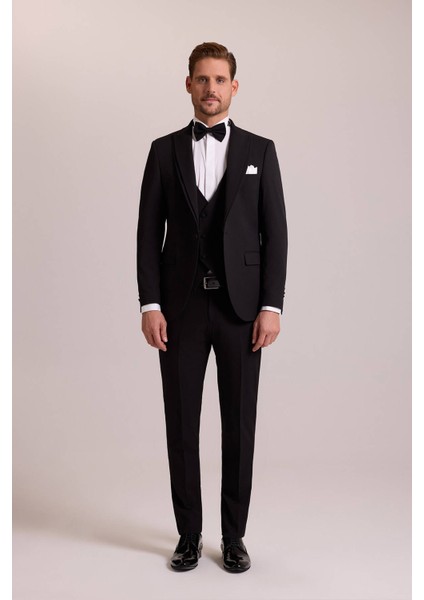 Erkek Siyah Slim Fit Likralı Sivri Yaka Yelekli Damatlık