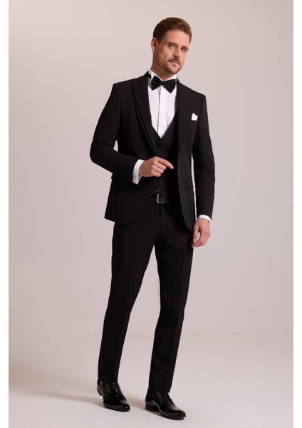 Erkek Siyah Slim Fit Likralı Sivri Yaka Yelekli Damatlık fiyatları